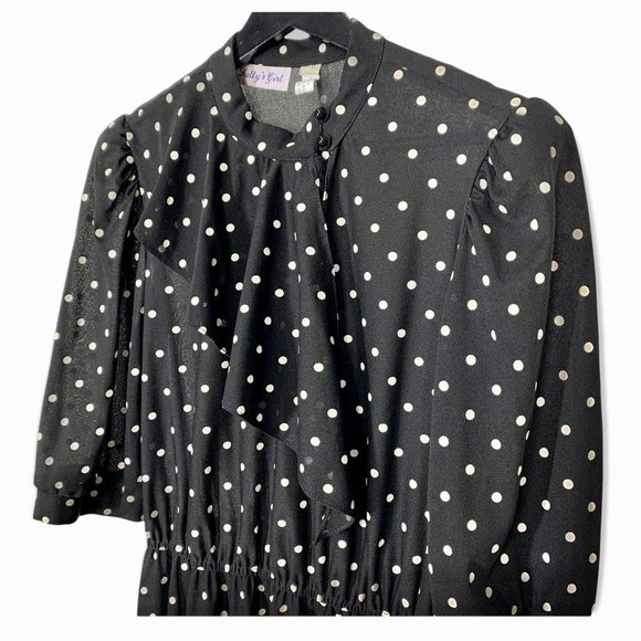 Vintage 80s Polka Dot Asymmetrical Collar Secretary Dress Medium - Picture 2 of 8